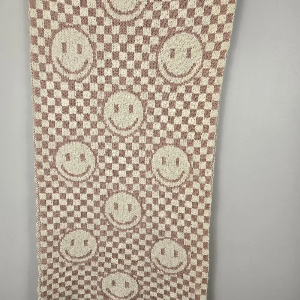 New Tahari 100% Knit Cotton Smiley Face Table Runner Pink Cream Checked 16x72